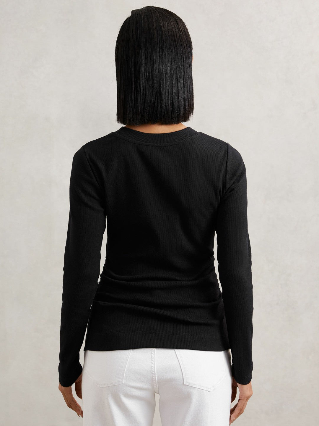 Women Cotton Long-Sleeve Ruched T-Shirt with Stretch in Black