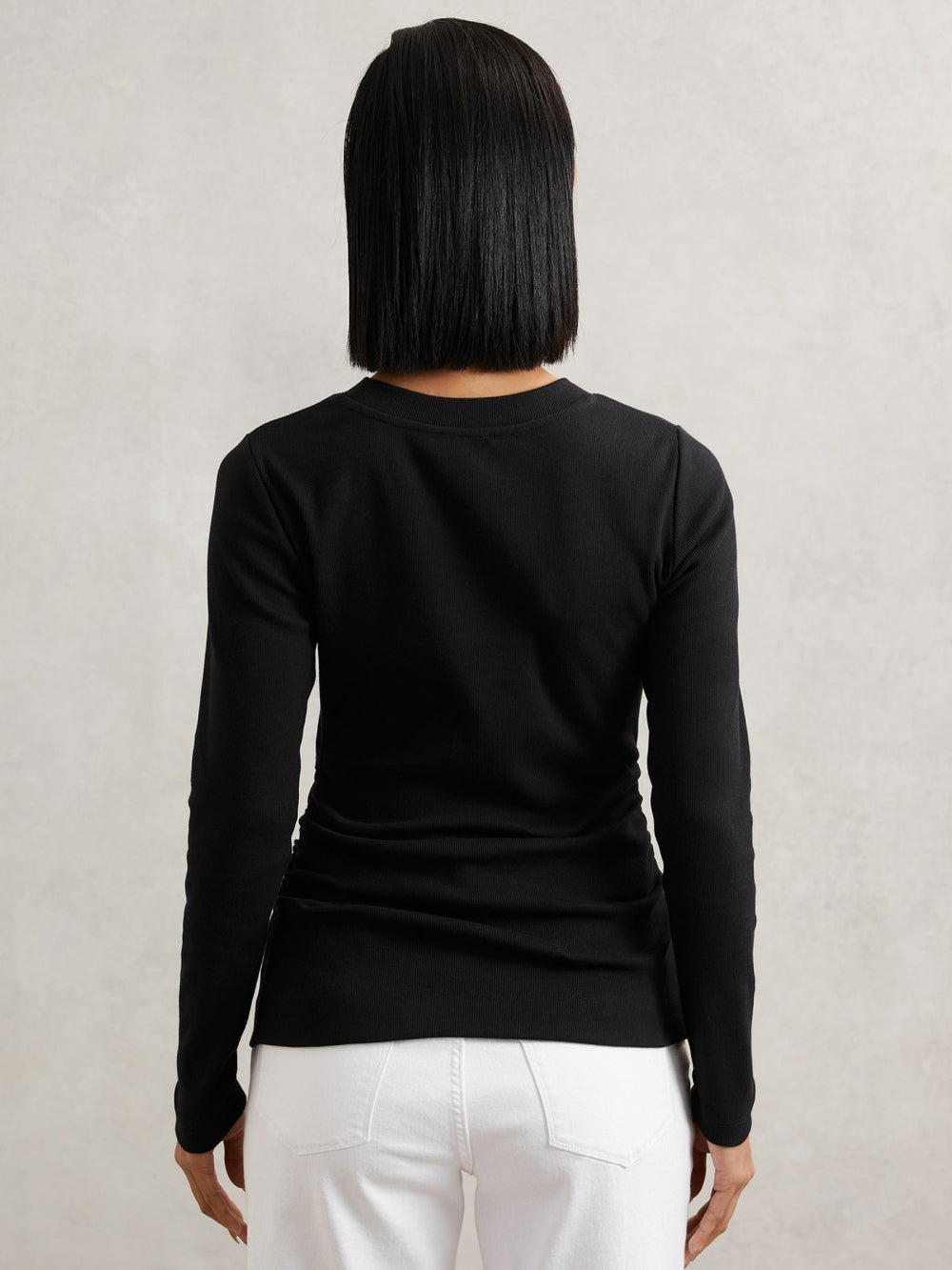 Women Cotton Long-Sleeve Ruched T-Shirt with Stretch in Black