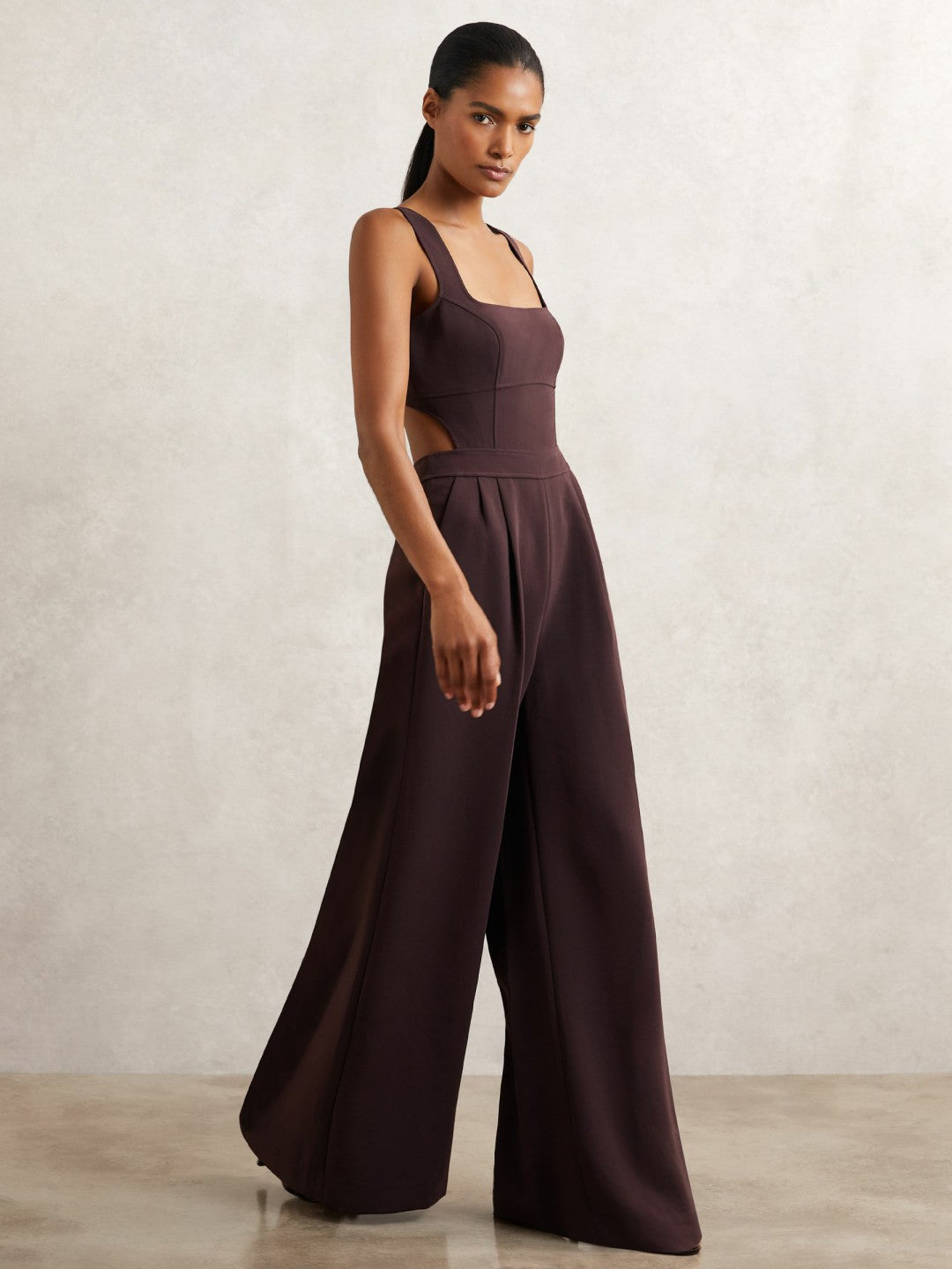 Women Wide-Leg Cut-Out Jumpsuit in Burgundy