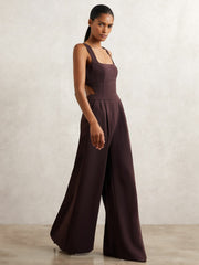 Women Wide-Leg Cut-Out Jumpsuit in Burgundy