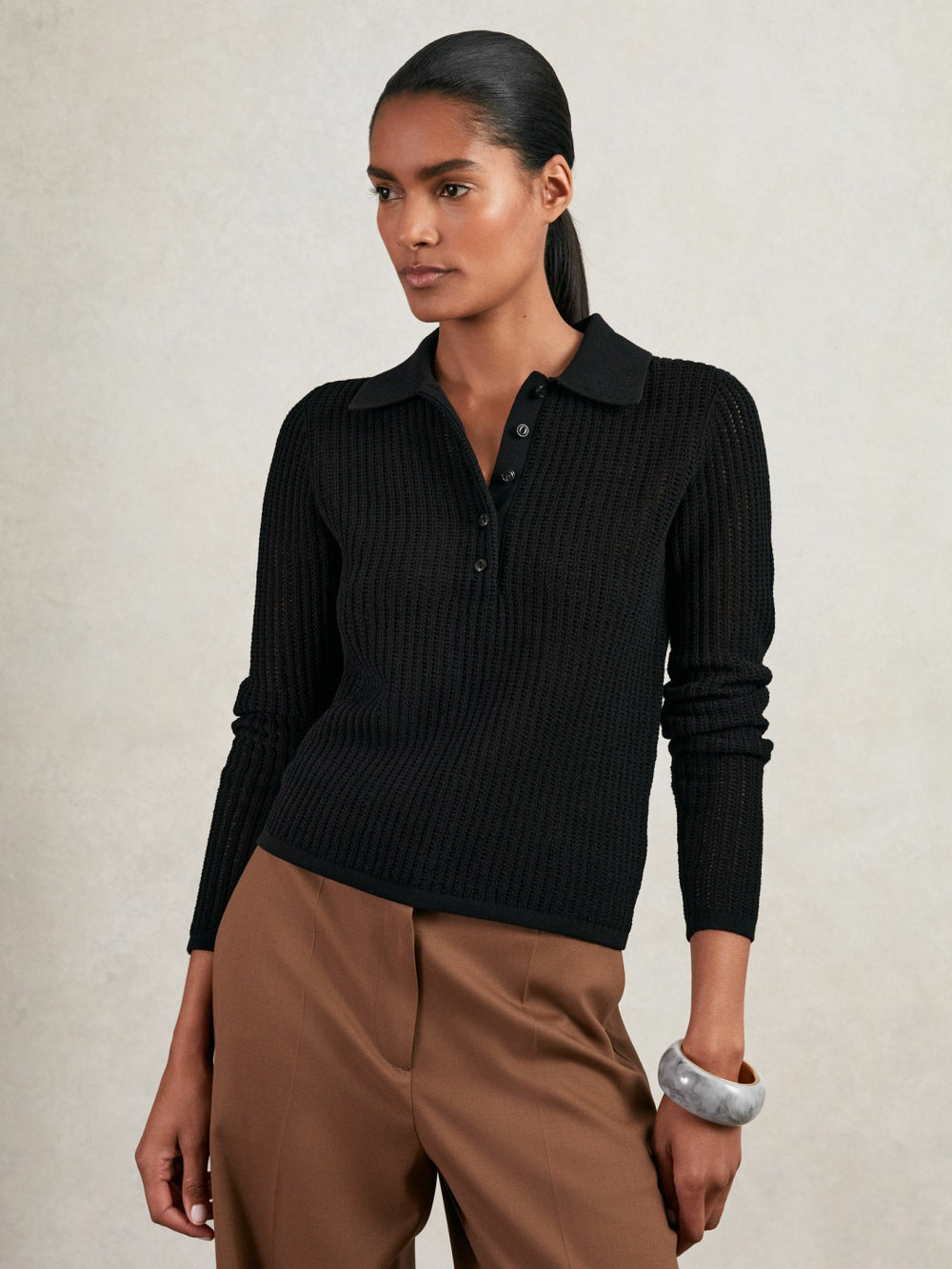 Women Open-Knit Long-Sleeve Polo Top in Black