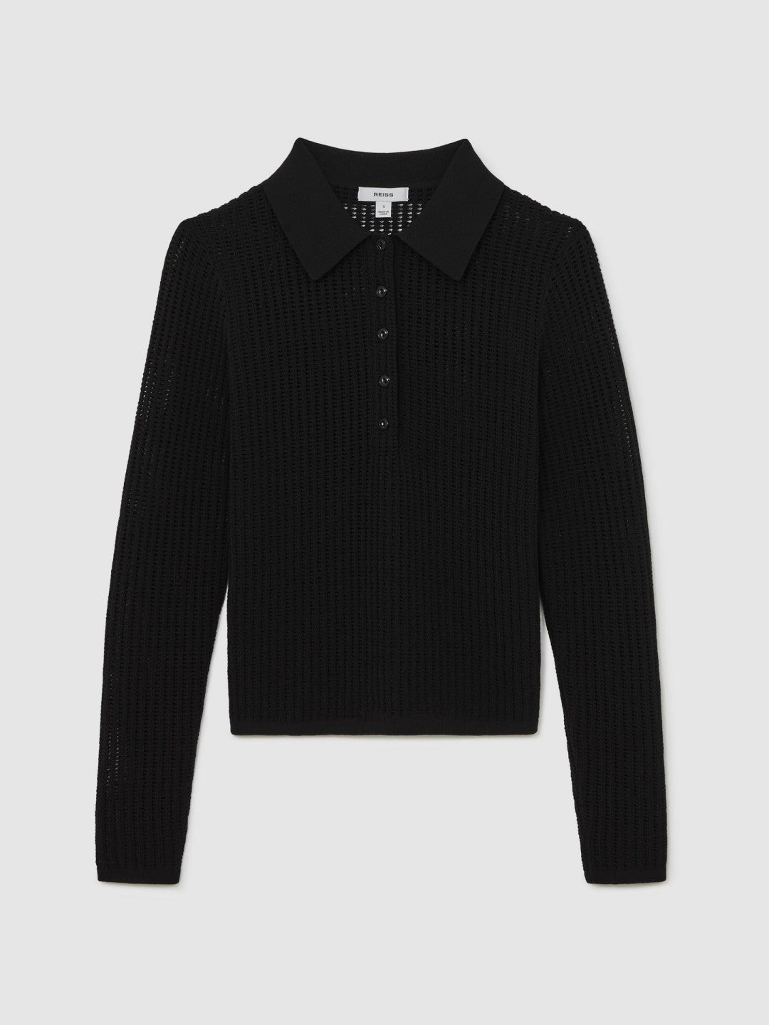Women Open-Knit Long-Sleeve Polo Top in Black