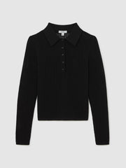 Women Open-Knit Long-Sleeve Polo Top in Black