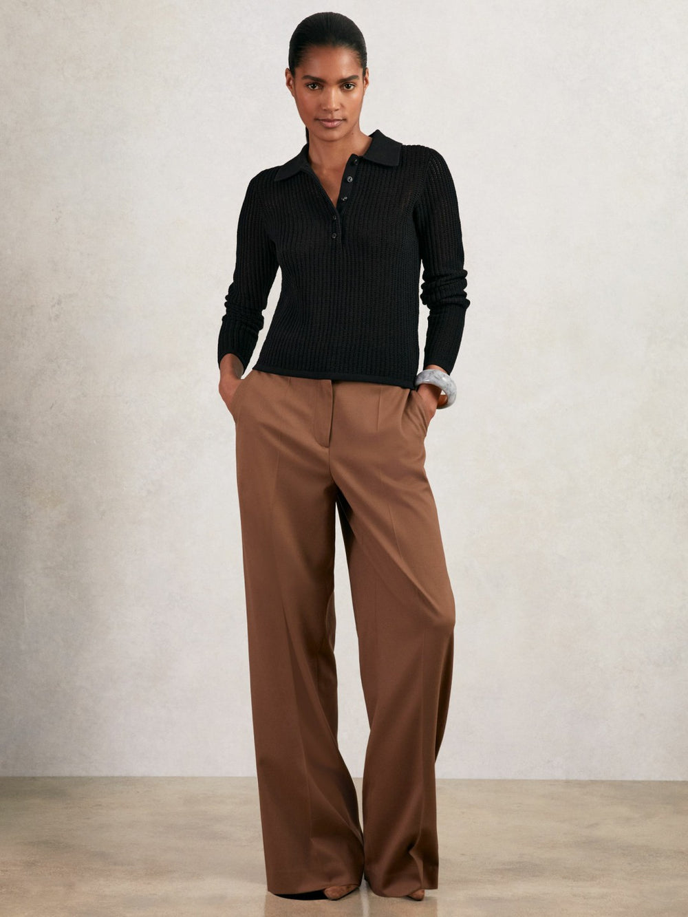 Women Open-Knit Long-Sleeve Polo Top in Black