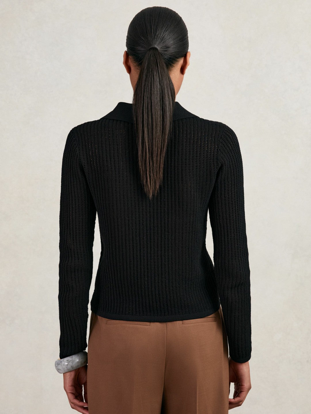 Women Open-Knit Long-Sleeve Polo Top in Black