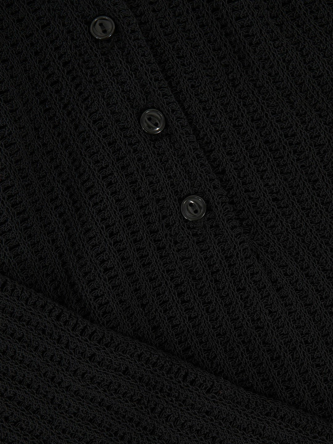 Women Open-Knit Long-Sleeve Polo Top in Black