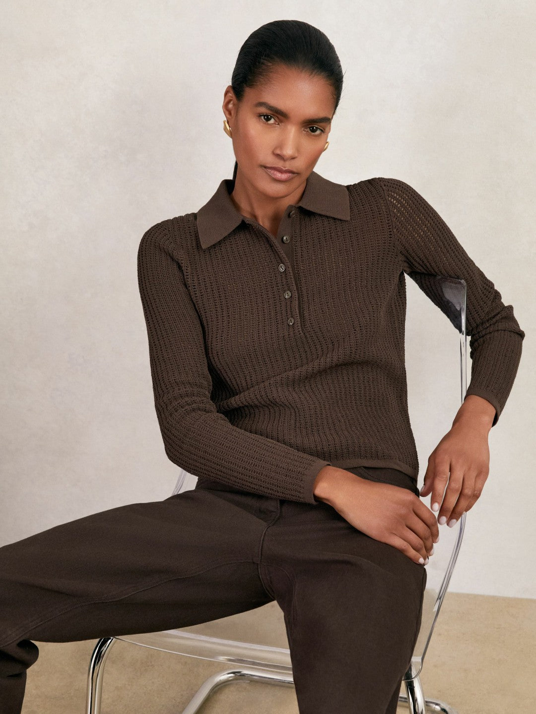 Women Open-Knit Long-Sleeve Polo Top in Chocolate Brown