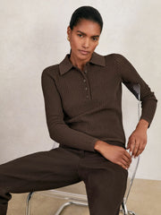 Women Open-Knit Long-Sleeve Polo Top in Chocolate Brown