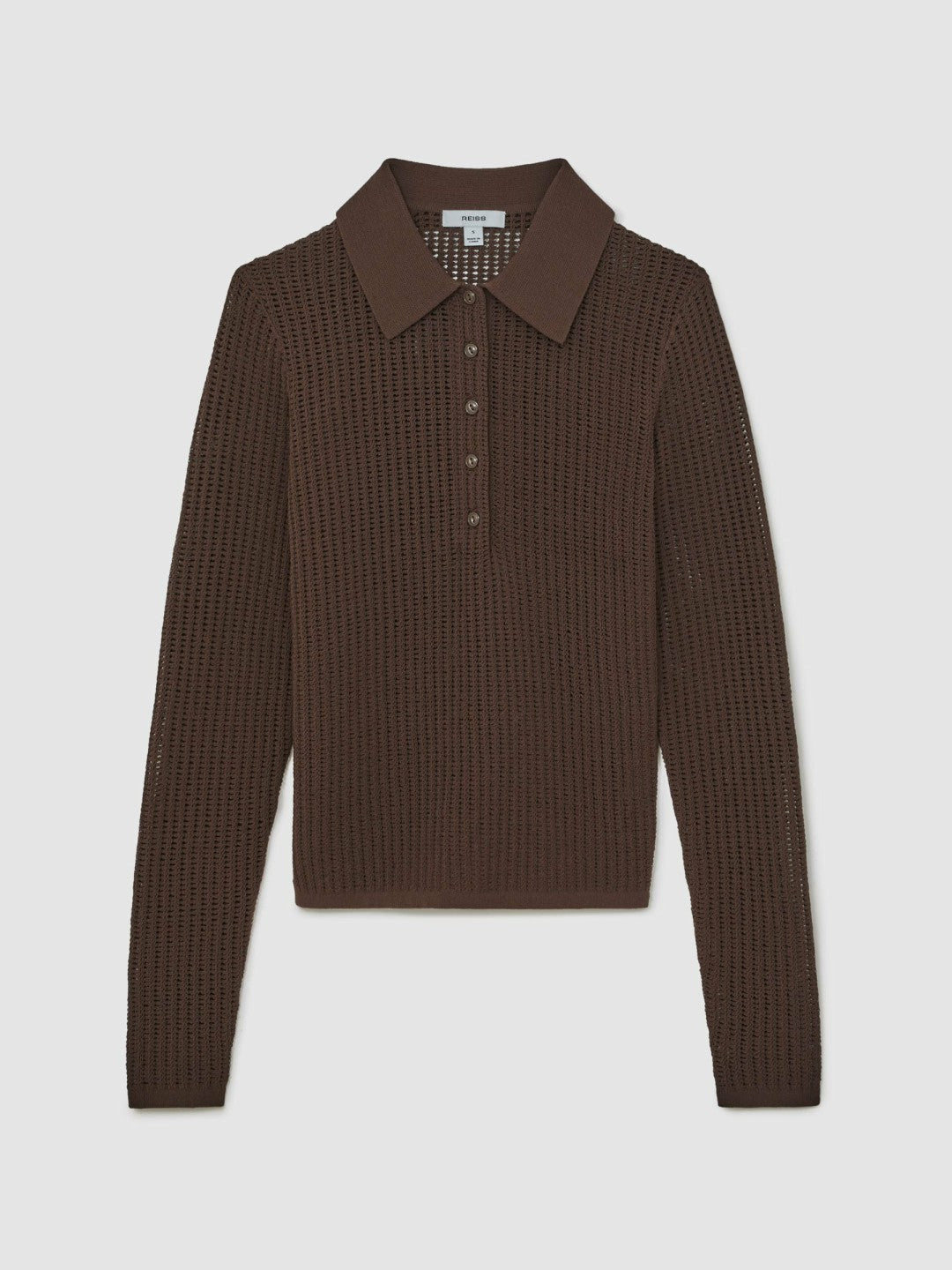 Women Open-Knit Long-Sleeve Polo Top in Chocolate Brown