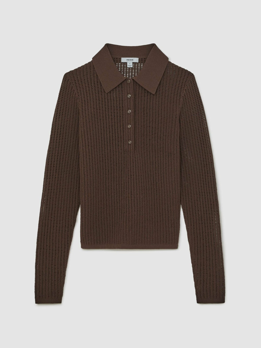 Women Open-Knit Long-Sleeve Polo Top in Chocolate Brown