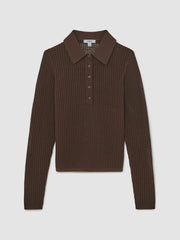 Women Open-Knit Long-Sleeve Polo Top in Chocolate Brown