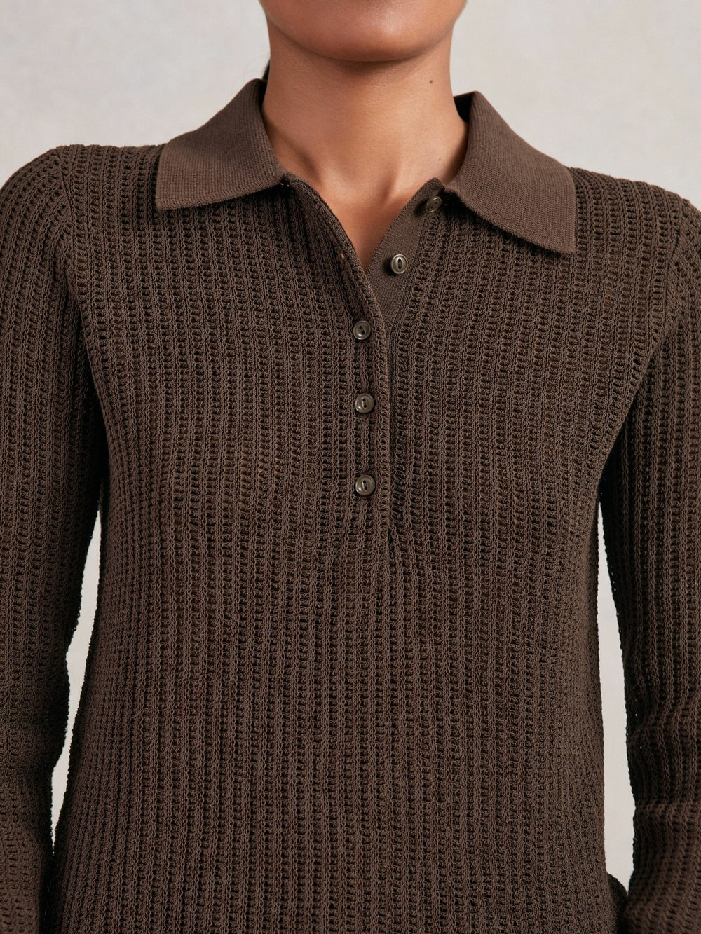 Women Open-Knit Long-Sleeve Polo Top in Chocolate Brown