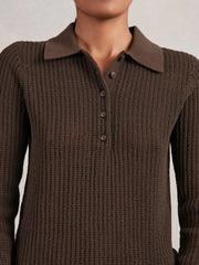 Women Open-Knit Long-Sleeve Polo Top in Chocolate Brown