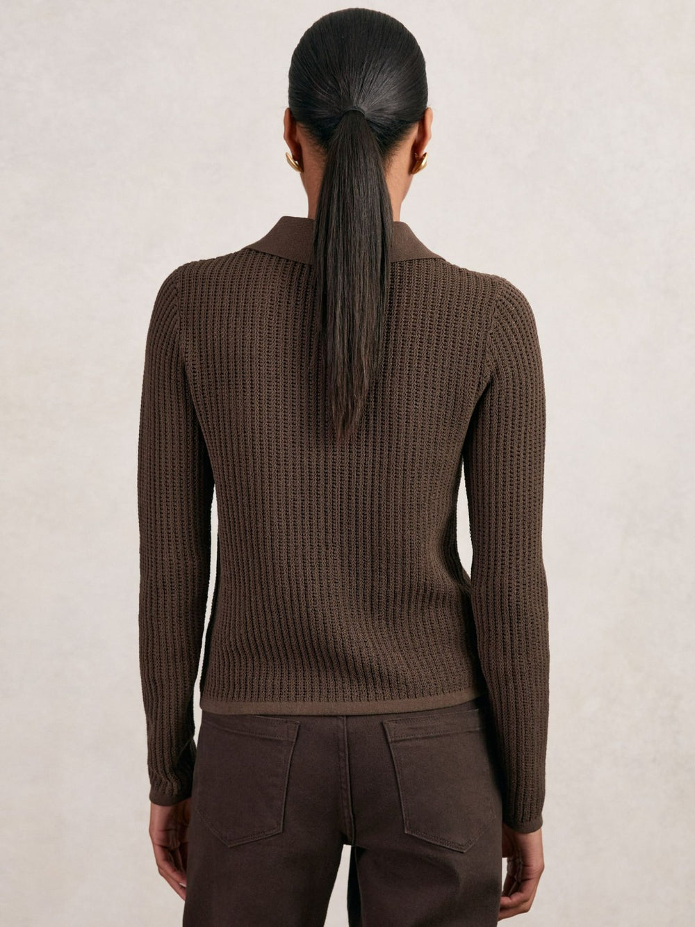 Women Open-Knit Long-Sleeve Polo Top in Chocolate Brown