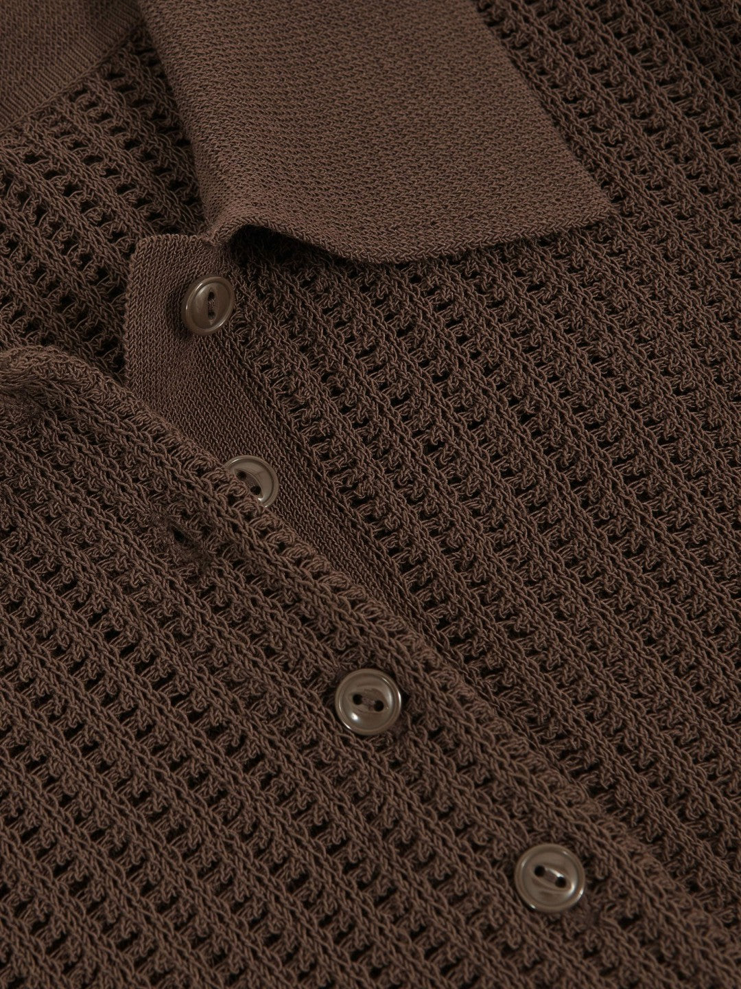 Women Open-Knit Long-Sleeve Polo Top in Chocolate Brown