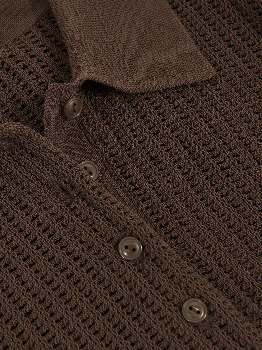 Women Open-Knit Long-Sleeve Polo Top in Chocolate Brown