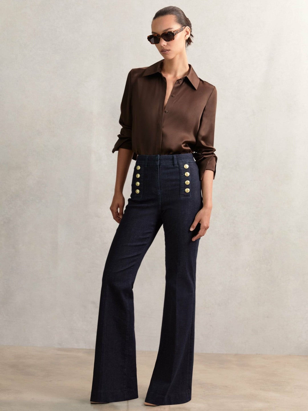 Women Petite Button-Detail High-Rise Flared Jeans in Dark Blue