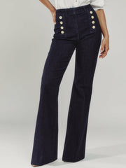 Women Petite Button-Detail High-Rise Flared Jeans in Dark Blue