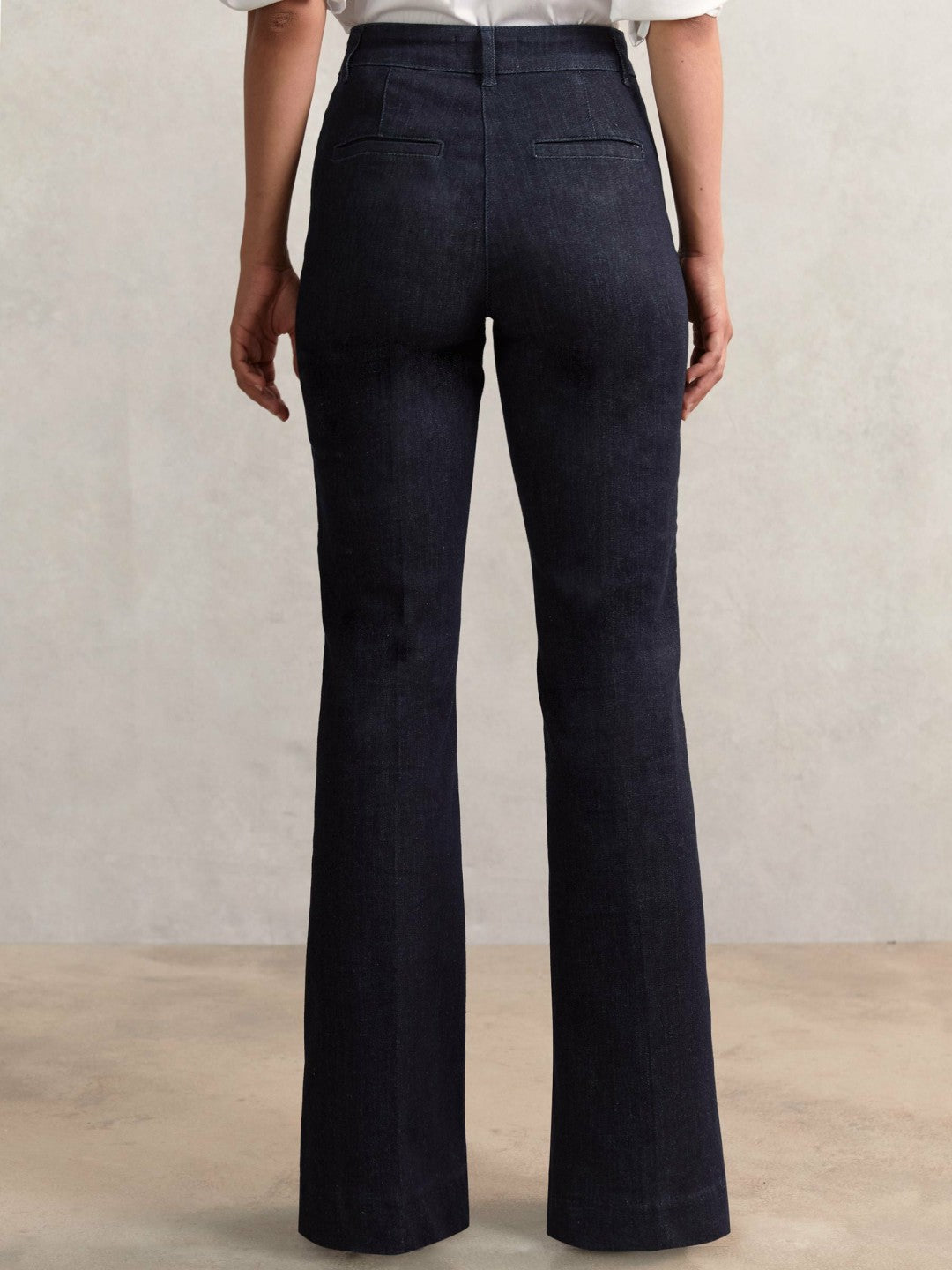 Women Petite Button-Detail High-Rise Flared Jeans in Dark Blue